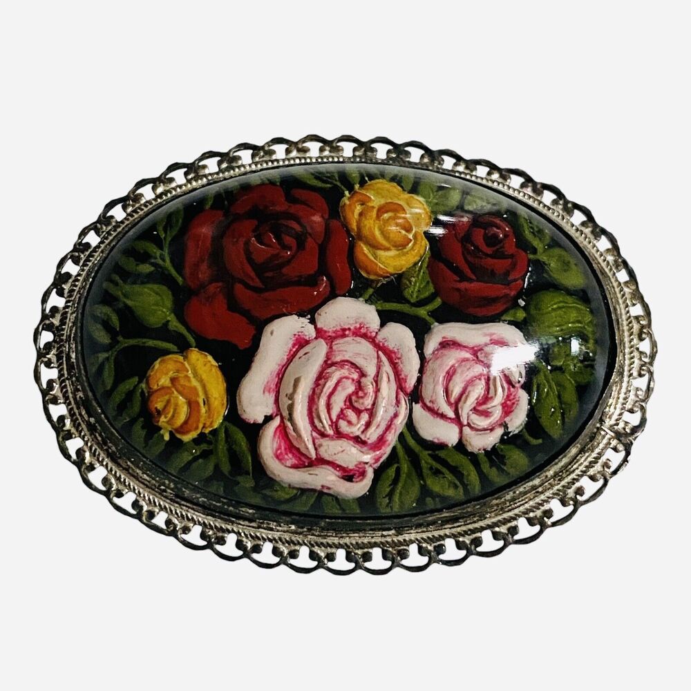 SIGNED MADE IN CZECHOSLOVAKIA Vintage Floral Cottagecore Pin Brooch Done Glass
